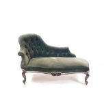 A Victorian mahogany chaise longue, upholstered in green button back velvet, raised on cabriole