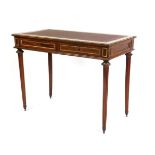 A French late 19thC Kingwood and mahogany side table, the top inset with brown leatherette, with