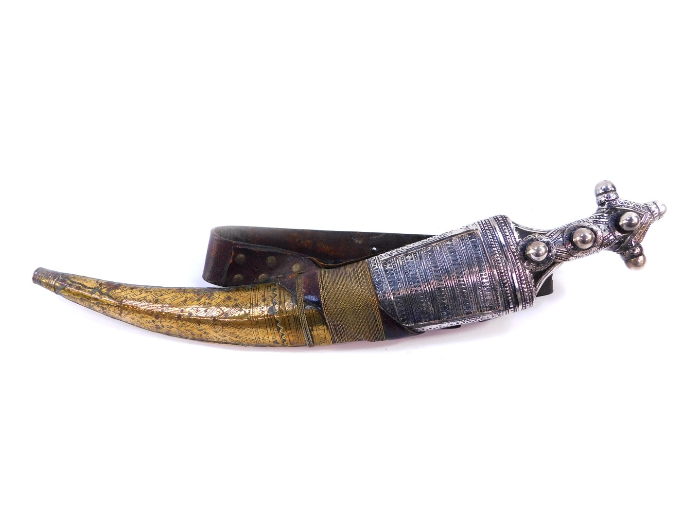 An Indo Persian 19thC Jambaya dagger, the horn grip with silver engraved and embossed mounts,