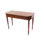 A George III mahogany and rosewood cross banded fold over tea table, the top with a twin handled urn