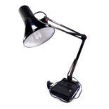 A black anglepoise type desk lamp, raised on a black plastic base, 75cm high extended.