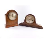 An Edwardian mahogany walnut and inlaid mantel clock, circular silvered dial bearing Arabic