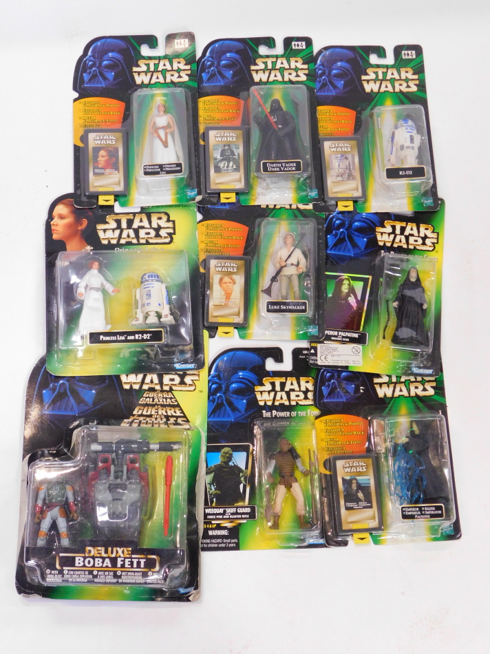 A Kenner Star Wars Deluxe Boba Fett., Princess Leia and R2-D2., Weequay Skiff Guard., Emperor