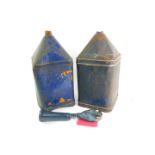 A pair of Tanks and Drums Ltd blue oil drums, of square form, one bearing traces of a label, 52cm