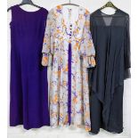 A vintage 1960's ladies evening dress, full length, with purple buttons with a psychedelic floral