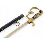 A Nazi style sword, with plain curved blade and shaped handle, with scroll hilt and hand guard and