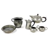 Various hammered pewter, a four piece Argent pewter hammered part service, to include teapot, 14cm