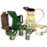 Various Castrol and other oil cans, to include one in green, 30cm high, other fuel cans, etc. (a