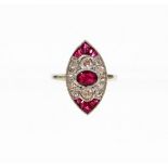 A ruby and diamond marquise shaped panel ring, oval cut ruby in rub over setting, with two round