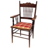 A late 19thC mahogany side chair, with pleated split shield back, on bobbin columns, with engraved