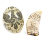 A scrimshaw style Admiral Howe commemorative ornament, 15cm high, and a further egg, each resin. (