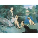 Terence Cuneo (1907-1996). Queen Elizabeth II seated with corgi and other dogs, print, signed to the