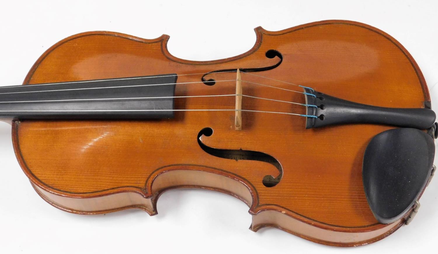 A two piece violin, with articulated knops and scroll end, with interior label marked Nicolas - Image 2 of 9