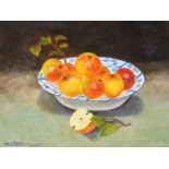 A ? Peter (1925). Still life of apples in blue and white bowl, oil on canvas, in gilt frame, 33cm