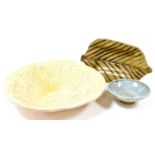 Three items of Studio pottery, comprising a large Studio pottery bowl on yellow ground, with