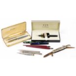 Various pens, etc., a cased Conway Stewart two pen set, Parker cased set with various nibs,