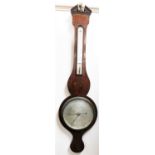 A late 19thC mahogany aneroid barometer, with marquetry shell and floral banding, with weather