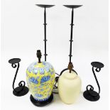 Candle stands and lamps, to include a eastern style table lamp, with yellow and blue painted design,