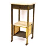 A marble top side table, the square top, on plain oak legs, with open shelf on castors, 81cm high,