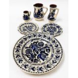 Various blue and white Delft type items, to include charger, two side plates, large and small jug,