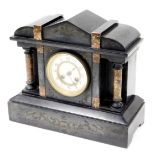 A late 19thC French black marble mantel clock, decorated with engraved scroll to top, above two