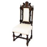 A late 19thC hall chair, with barleytwist and scroll leaf carved back and lion mask top, on