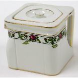 A Wedgwood cube porcelain teapot, in white design with rose border, stamped USA 1380066, 10cm high.