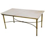 A 20thC coffee table, with rectangular top with onyx style top on turned brass reeded legs, joined
