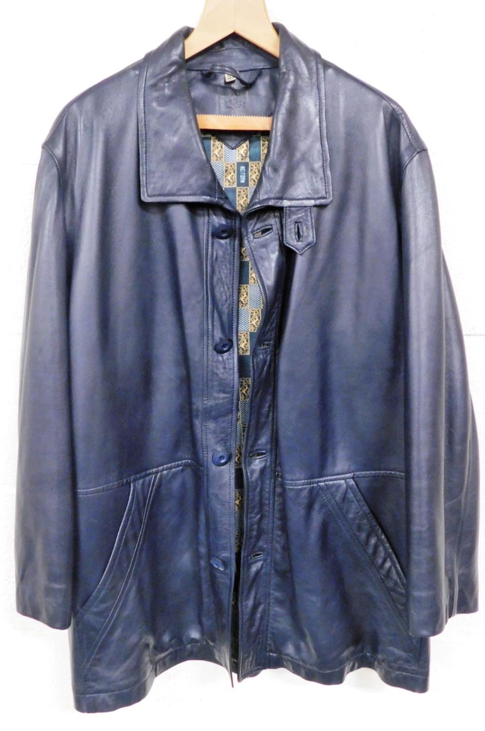 A Heitorn gentleman's blue leather jacket, with elaborate gold scroll Heitorn interior, size 52.