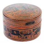 An Indian cinnabar coloured box, with black highlights, decorated with various figures, in an