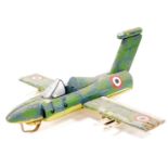 A wooden scale model of J-10022 Dauphin J6 fighter plane, in camouflage colours, 66cm wide.