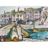 Joy Stokes (20thC). Harbour scene, figures in a band before buildings, artist signed limited edition