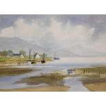 R Witchard (20thC). Moored boats before houses and mountains on a summers day, watercolour,