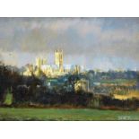 Terry Shelbourne (b. 1930). Lincoln Cathedral, oil on canvas, signed and dated (19)90, 23cm x 38cm.