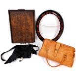 A Gladstone type tan leather bag, with strap, a leather shoulder bag, a maple frame and an oak