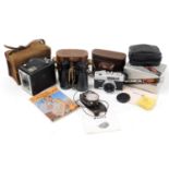 Various cameras and related equipment, an Ilford case, 10cm high, Vislander cased binoculars,