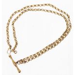 A 9ct gold belcher link chain and t-bar, the chain stamped 9K to clasp, 46cm long overall, with