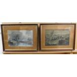 Two charcoal pictures of masted ships, indistinctly signed, in oak frames, 27cm x 42cm.N.B. This lot