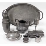 A group of pewter, to include a pewter tray, cocktail shaker, goblet, measures, lidded tureen and