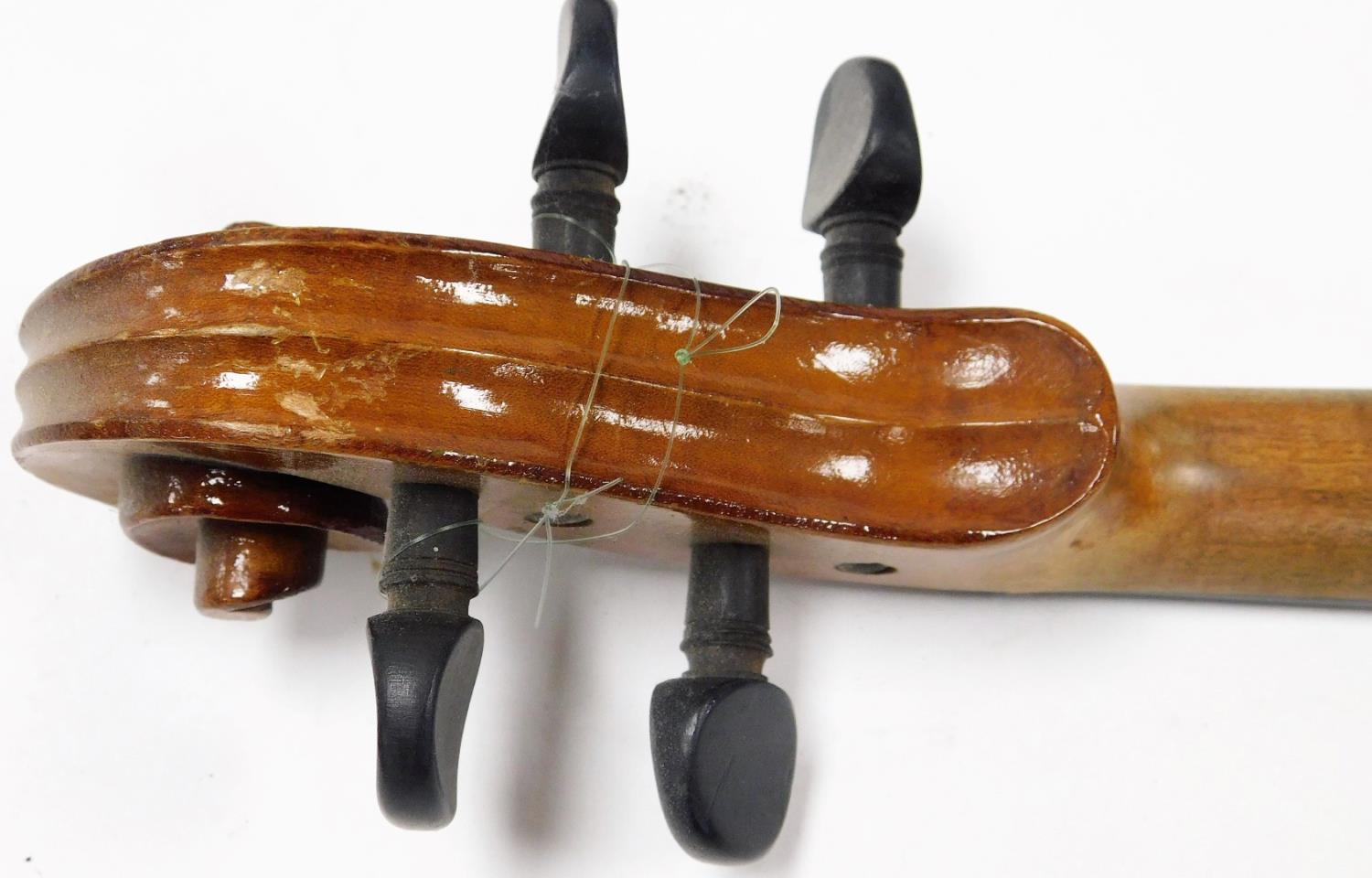 A two piece violin, with articulated knops and scroll end, with interior label marked Nicolas - Image 7 of 9