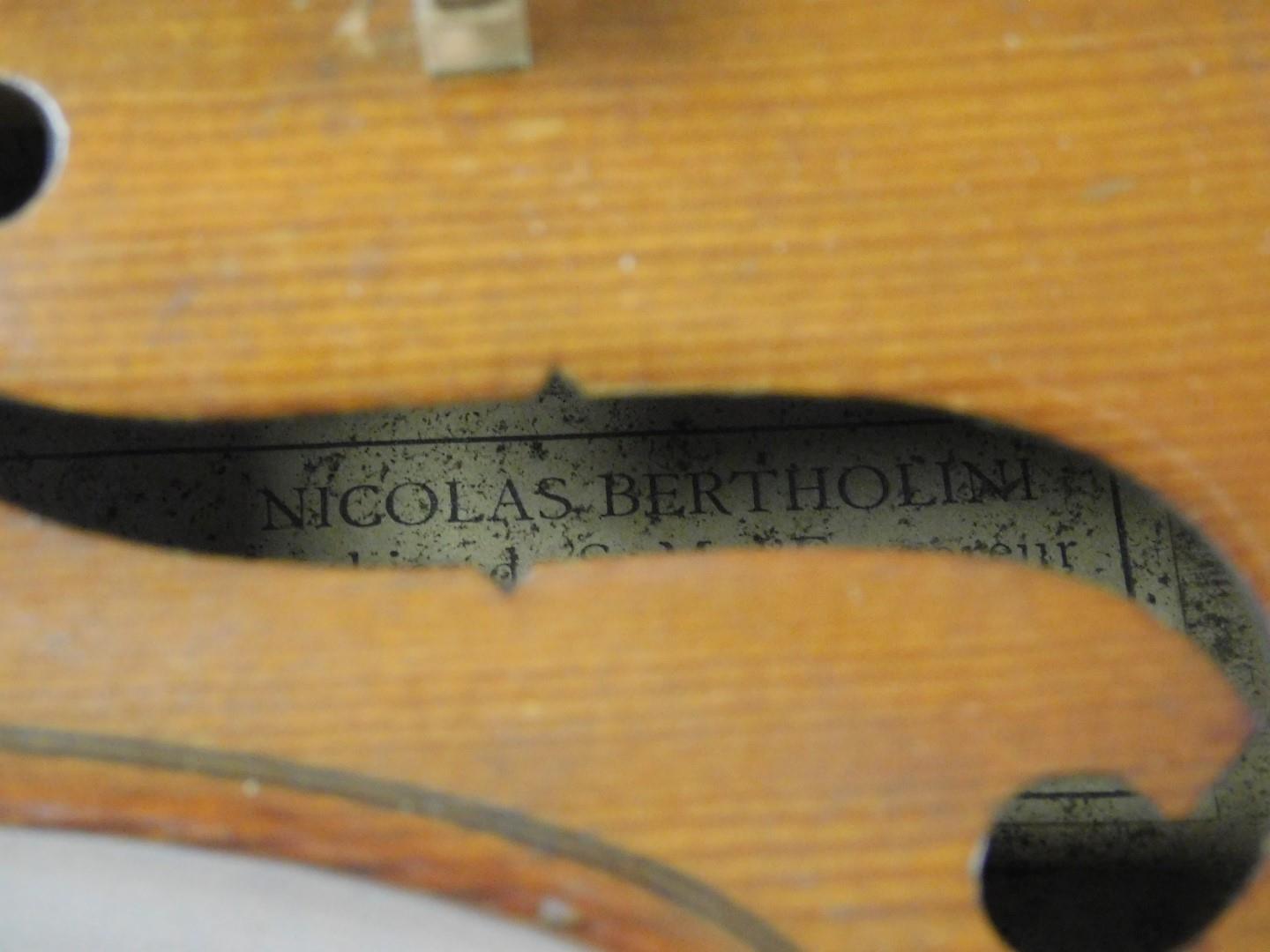 A two piece violin, with articulated knops and scroll end, with interior label marked Nicolas - Image 3 of 9