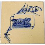 A Maw & Co ceramic tile, in white ground decorated in blue, with cottage scene and flowers,