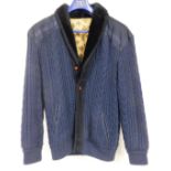 A Fodera blue knitted jacket, with suede and fur trims, suede set shoulders and a gold quilt lined