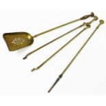 A set of brass fire implements, with plain stem and bobbin finial handles, comprising poker,