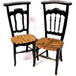 Two similar late 19thC French rush seated ebonised chairs, with brass plaques one Dr A Drique, the