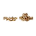 Two dress rings, comprising a 9ct gold heart and hands ring, ring size Q½, 3.6g, and a dolphin ring,