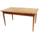 A 1960's teak extending dining table, numbered 141, when closed 73cm high, 148cm wide, 62cm deep.