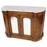An early 19thC burr walnut and marquetry marble top side cabinet, the grey marble top above