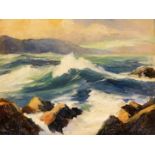 An early 20thC English School. Seascape, crashing waves before cliffs with clouds gathering, oil