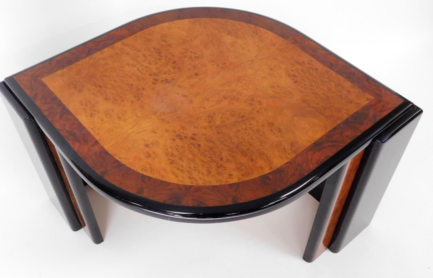 An Art Deco design coffee table, of shaped ellipse form, with a burr wood top and wide cross banding - Image 2 of 2